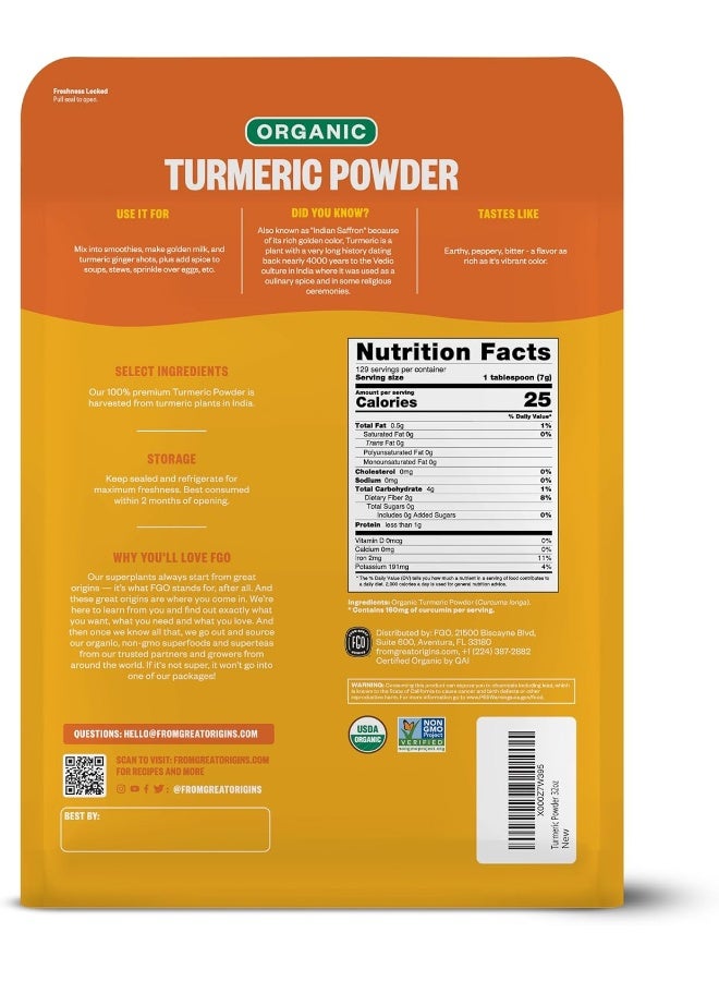 FGO Organic Turmeric Powder w/Curcumin, 2 Pound / 32oz Bulk Resealable Pouch, USDA Organic and Non-GMO, Sourced from India, Packaging May Vary (Pack of 1) - Image 2